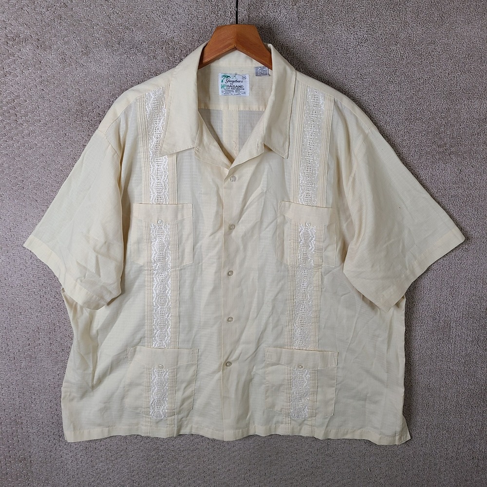 Vintage Guayabera by Haband Shirt Mens 3XL Cream Short Sleeve Lace Trim Beach